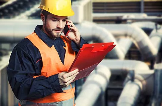 A worker wearing safety equipment looks at a clipboard while talking on the phone.